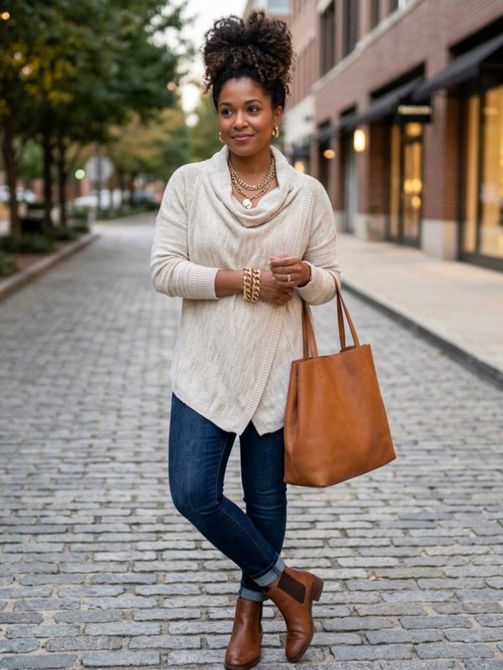 VENUS Cream Draped Cowl Neck Sweater